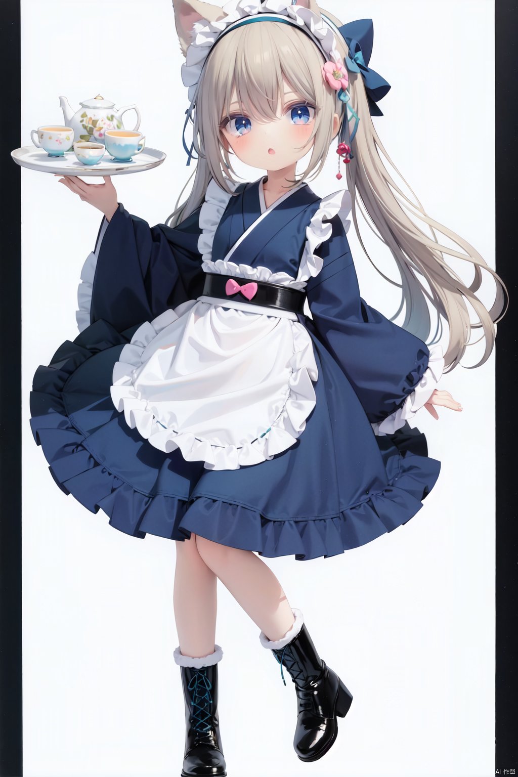  dynamic angle, chromatic aberration, ((colorful)),//,1girl,loli,(petite child:1.05),//,1girl, gloves, bunny, cup, boots, teapot, teacup, apron, solo, new year, watch, japanese clothes, holding, tray, cookie, food, long hair, kimono, looking at viewer, frills, holding tray, happy new year, long sleeves, blue kimono, bangs, white apron, full body, bonnet, blonde hair, sparkle, frilled apron, saucer, blue eyes, sash, animal ears, arm up, waist apron, blush, heart, parted lips, signature, eyebrows visible through hair, plate, checkerboard cookie, white background,obi, high heel boots, hair ornament, hat, open mouth, :o, holding plate, blue dress, aqua kimono, high heels, wa maid, green kimono, bow, fake animal ears, tea, hand up, dress, frilled sleeves, aqua eyes, light brown hair, blue headwear, checkered, belt, striped, tilted headwear, maid apron, hairband,ribbon, cupcake,