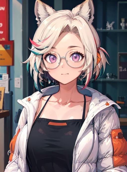 best quality, (masterpiece),(ultra-detailed), (high quality), (high resolution), <lora:funabyvt:0.7>, funabyvt, animal ears, short hair, glasses, multicolored hair, purple eyes, collarbone, 