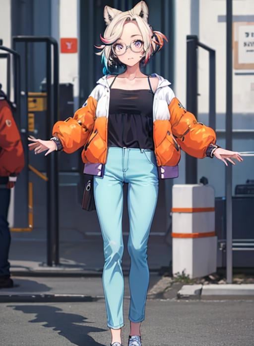 best quality, (masterpiece),(ultra-detailed), (high quality), (high resolution), <lora:funabyvt:0.7>, funabyvt, animal ears, short hair, glasses, multicolored hair, purple eyes, collarbone, jacket, pants, 