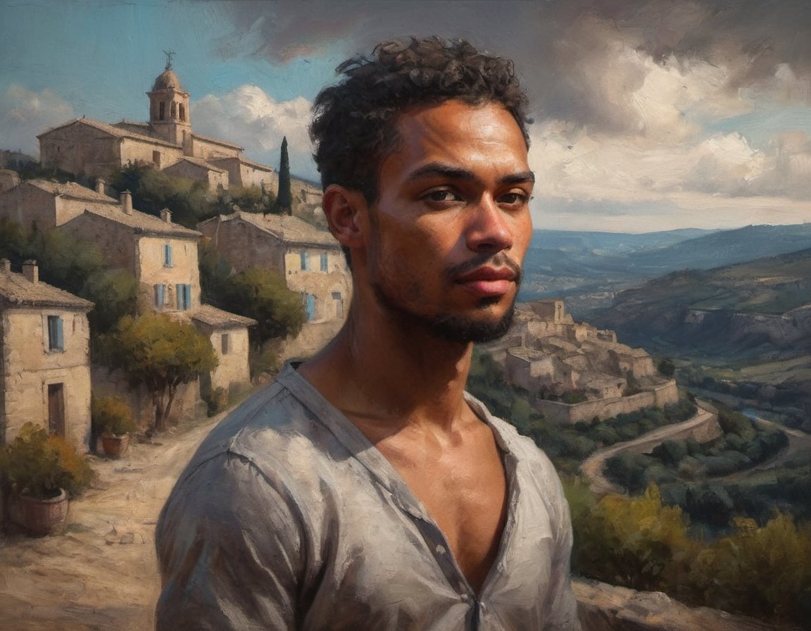 oil painting biracial head and shoulders French model in Gordes Provence detailed rich colors by Max Rive and Ryan Dyar