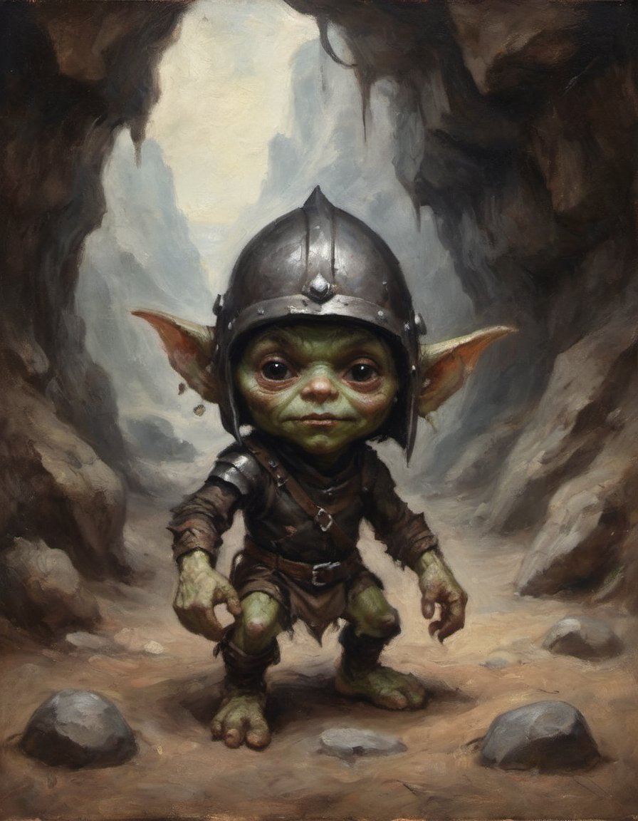 oil painting of a diminutive goblin wearing a metal helmet and leather tunic emerging from the shadows of a long cave wiry arms and taloned hands chiaroscuro black eyes background deep ominous cave