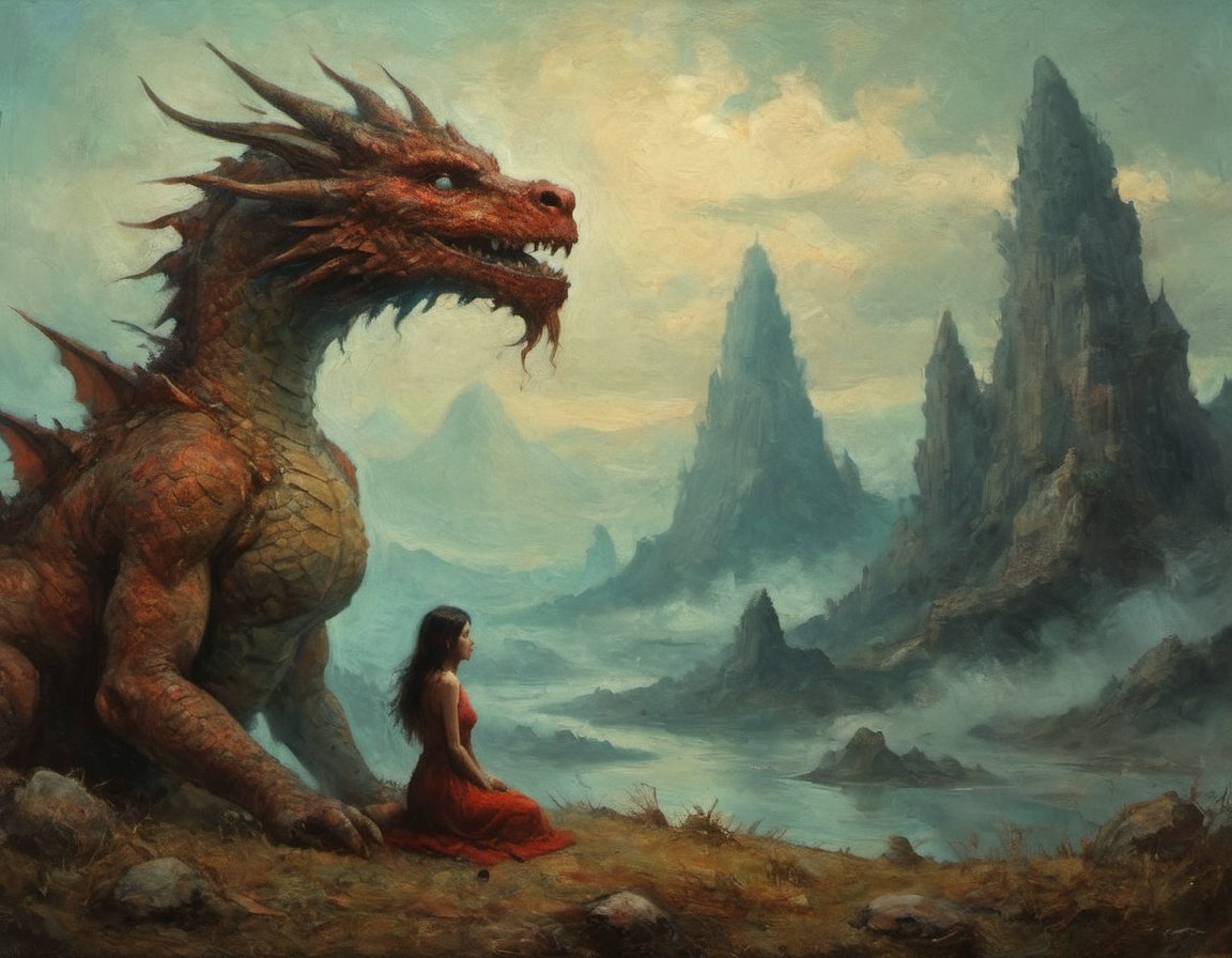 oil painting girl and dragon by beksinski style and ajanicki and deodato