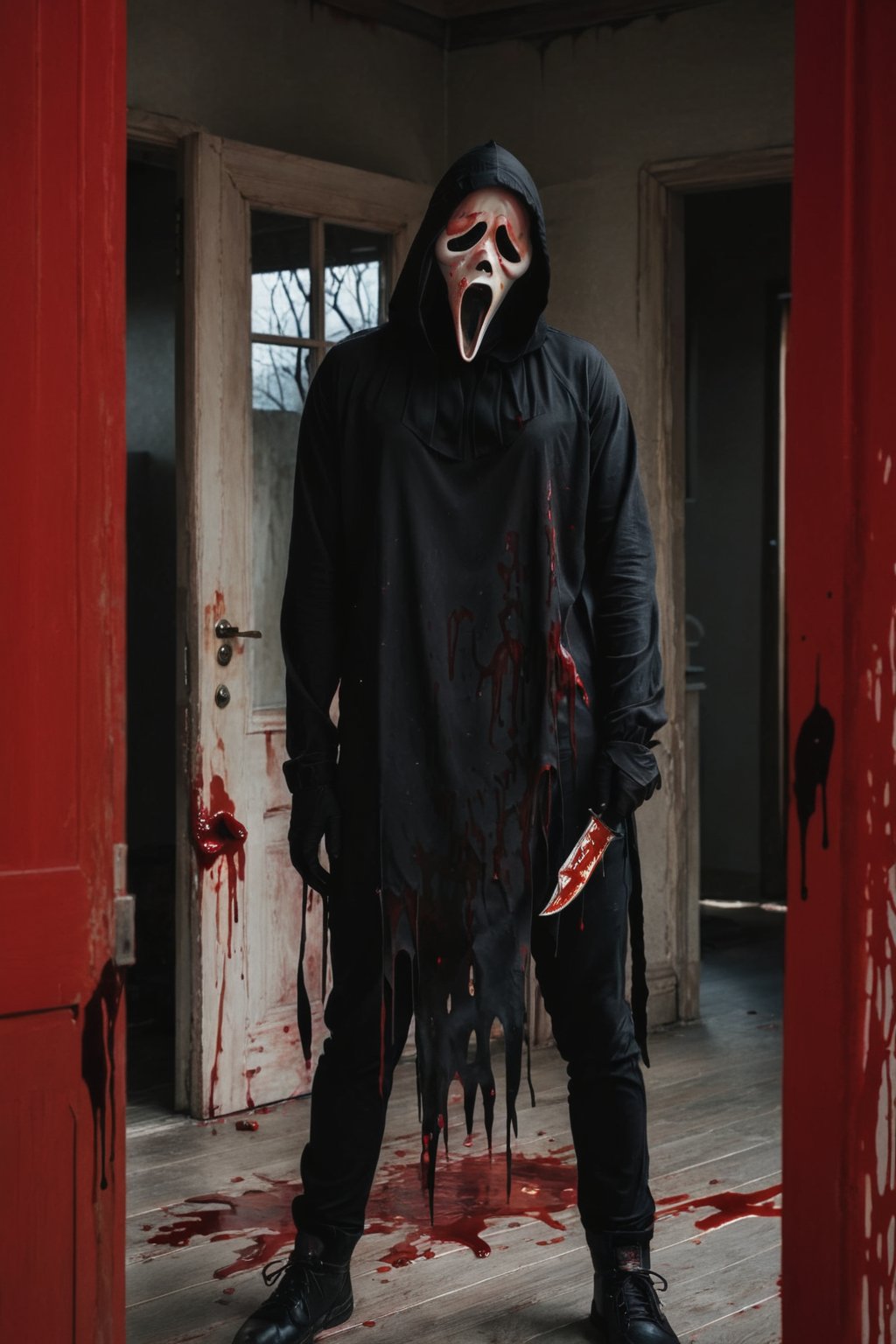 a guy standing at dark house, indoor, Ghost Face Mask, Ghost Face Cloak, black pants, upper body, bloodied mask, murder, brutal gore, bloodied guy, bloodied body, bloodied clothes, gore stills, dark night, bloods at floor and wall, lots of bloods, (extremely gore), (bloods:1.5), focus on viewer, psychopath, MilkGore, blood reflection, realistic blood, front view, photo real, ultra detailed, masterpiece, ultra realistic bloods, ultra high quality, ultra high resolution, ultra realistic, ultra reflection, ultra lighting, detailed background, dramatic lighting, low key, dark tone, 8k, DAYPro, ghostface mask