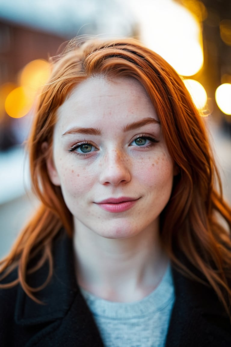 closed lips, cute smile, cinematic photo (art by Mathias Goeritz:0.9) , photograph, Lush Girlfriend, Tax collector, Rich ginger hair, Winter, tilt shift, Horror, specular lighting, film grain, Samsung Galaxy, F/5, (cinematic still:1.2), freckles . 35mm photograph, film, bokeh, professional, 4k, highly detailed ,1 girl,midjourney,yuzu, perfect, fingers,
