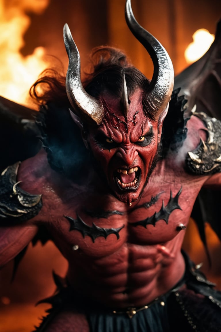 Horror-themed cinematic film still,a horrifying red-skinned male demon king, (full body portrait:1.3), (detailed monstrous evil face:1.4), screaming, wide spread bat like wings, (detailed scaly skin texture:1.2), long curved horns, (in hell, swirling tormented souls, billowing smoke:1.5), black spiky armor,, shallow depth of field, vignette, highly detailed, high budget, bokeh, cinemascope, moody, epic, gorgeous, film grain, grainy . Eerie, unsettling, dark, spooky, suspenseful, grim, highly detailed
