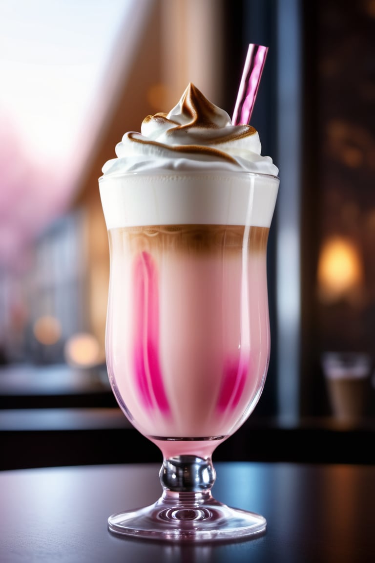 a magical fairy latte, in a transparent pink-tinted glass, high quality, inside of a fairy cafe, 8k, concept art, elegant
