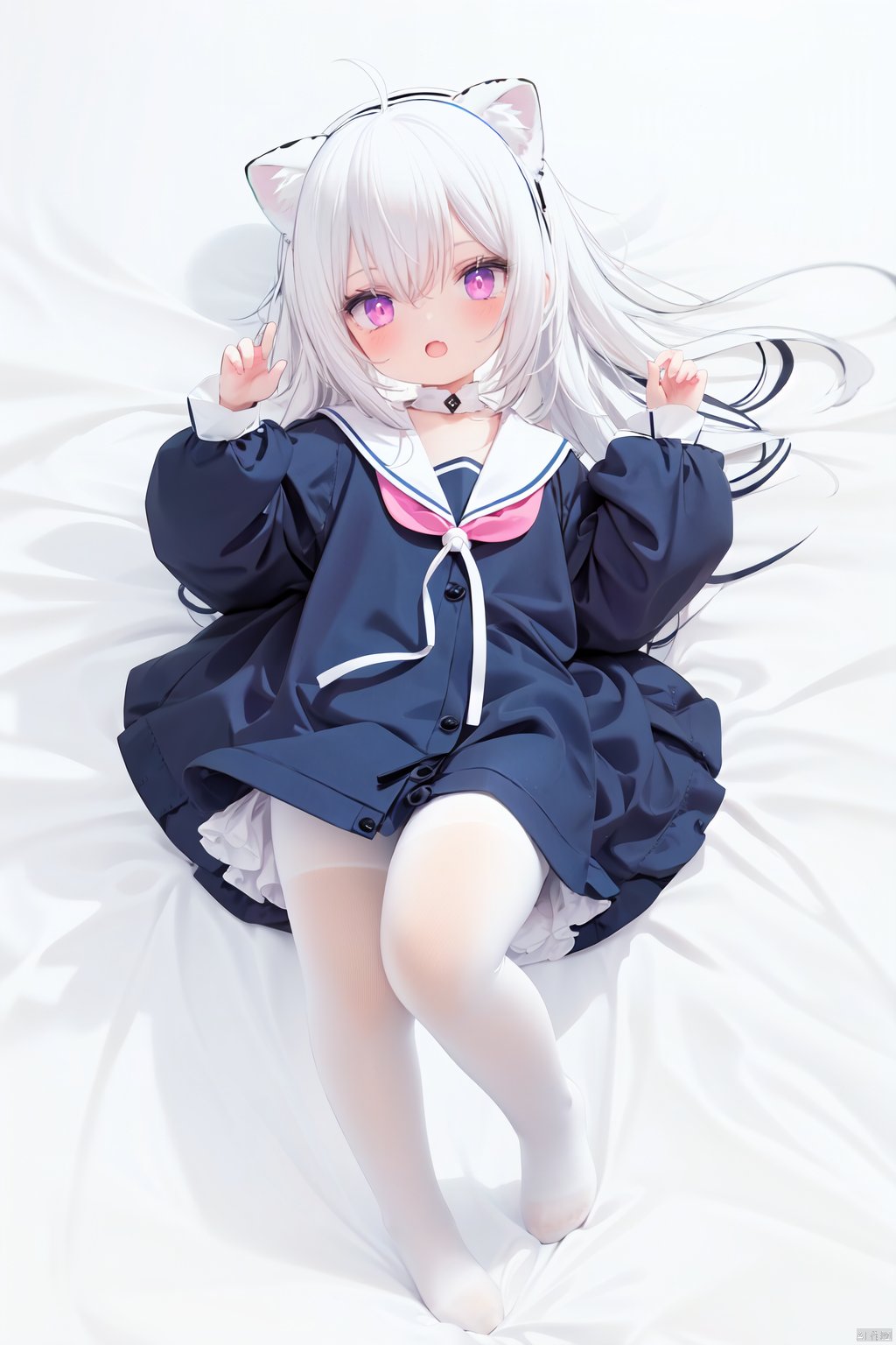  cute,Infant,solo blue shirt,blue sailor coat,loli,full body,white hair,snow leopard ear,white background,pink eyes,laugh,happy,white pantihose,white pantyhose,red armband,