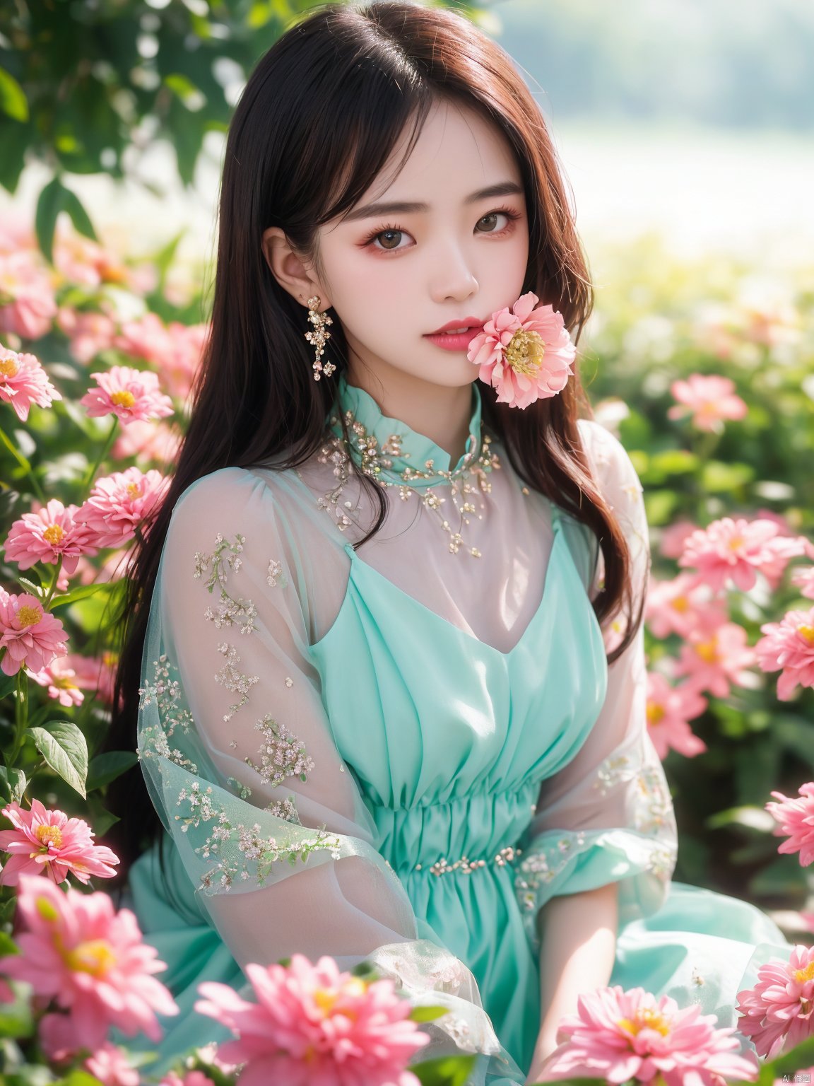  1girl,yuzu,qingsha,medium shot,solo,emotional_face,flower dress,flower armor,looking_at_viewer,green_theme,colorful blooming flowers,forming a dreamlike world,flower_garden,flowers everywhere,greens,pinks,bokeh,cinematic,exposure blend,(teal and orange:0.85),(muted_colors, dim_colors, soothing_tones:1.3),high contrast,low saturation,(Canon RF 85mm f/1.2L),tifa,huolinger,glint sparkle,pantyhose,xinniang,eyesseye,21yo girl,ajkds,yunbin,