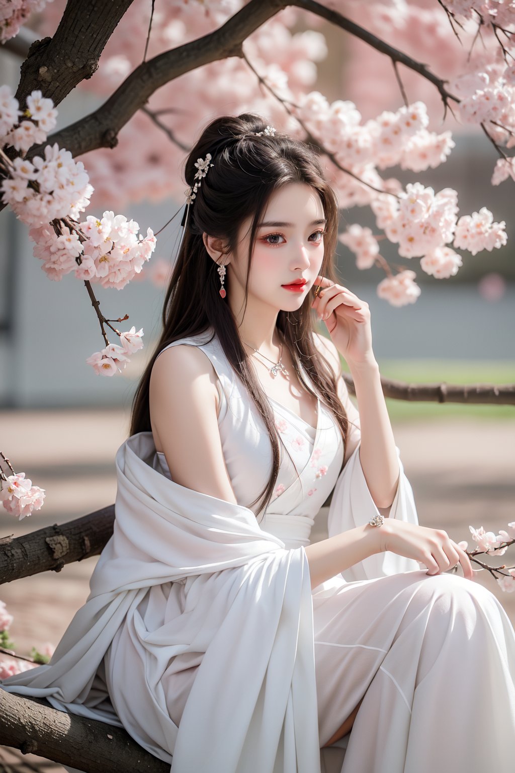 <lora:DT JL_20231017225505-000003:0.3>,1girl,jewelry,hair ornament,flower,solo,bracelet,dress,falling petals,long hair,sitting,earrings,petals,branch,chinese clothes,brown hair,hanfu,black hair,cherry blossoms,necklace,white dress,beads,