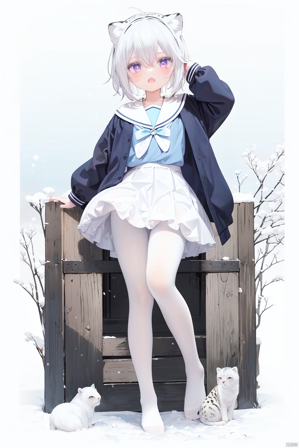  cute,Infant,solo blue shirt,blue sailor coat,loli,full body,white hair,snow leopard ear,white background,pink eyes,laugh,happy,white pantihose,white pantyhose,red armband,