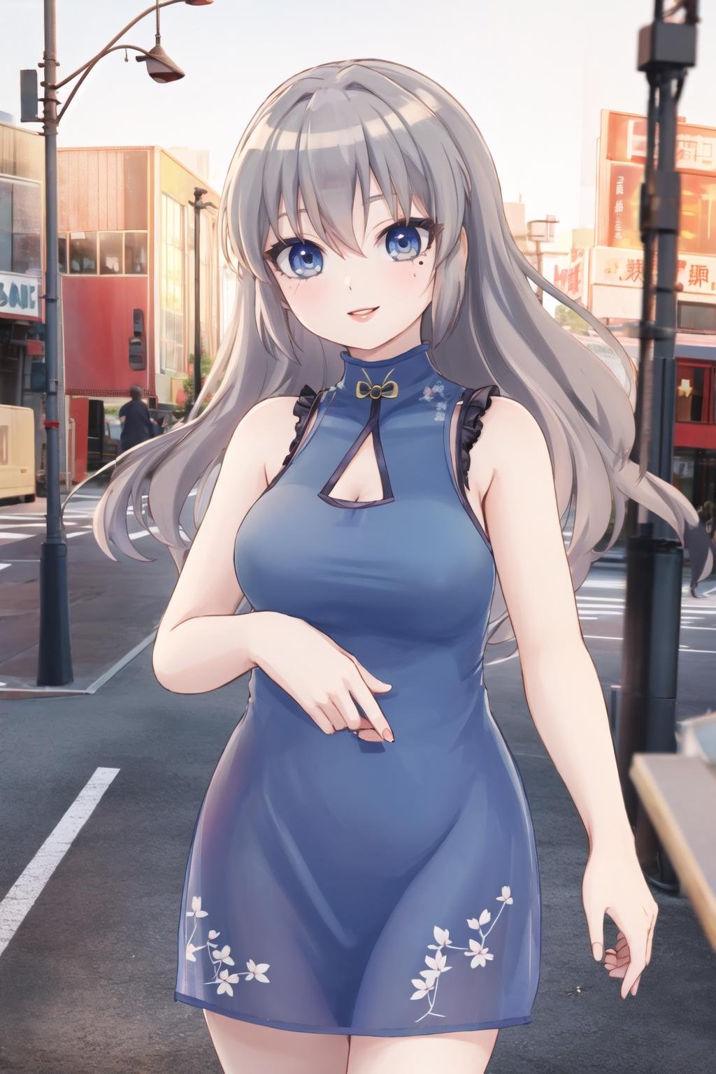 <lora:nightchen:0.6>, (nightgown cheongsam), <lora:OotoriiAsuka:0.6>, ootorii asuka, mole under eye, city, smile, lips, looking at viewer