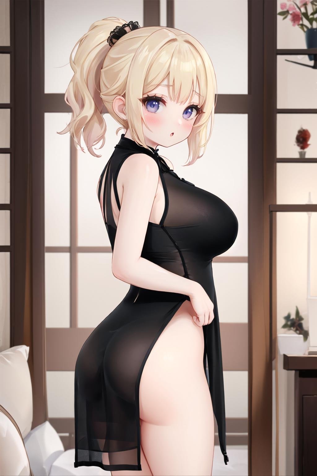 <lora:nightchen:0.6>, (nightgown cheongsam), blonde hair, gigantic breasts, from side, indoors, looking at viewer, blush, ponytail, lips, :o, ass