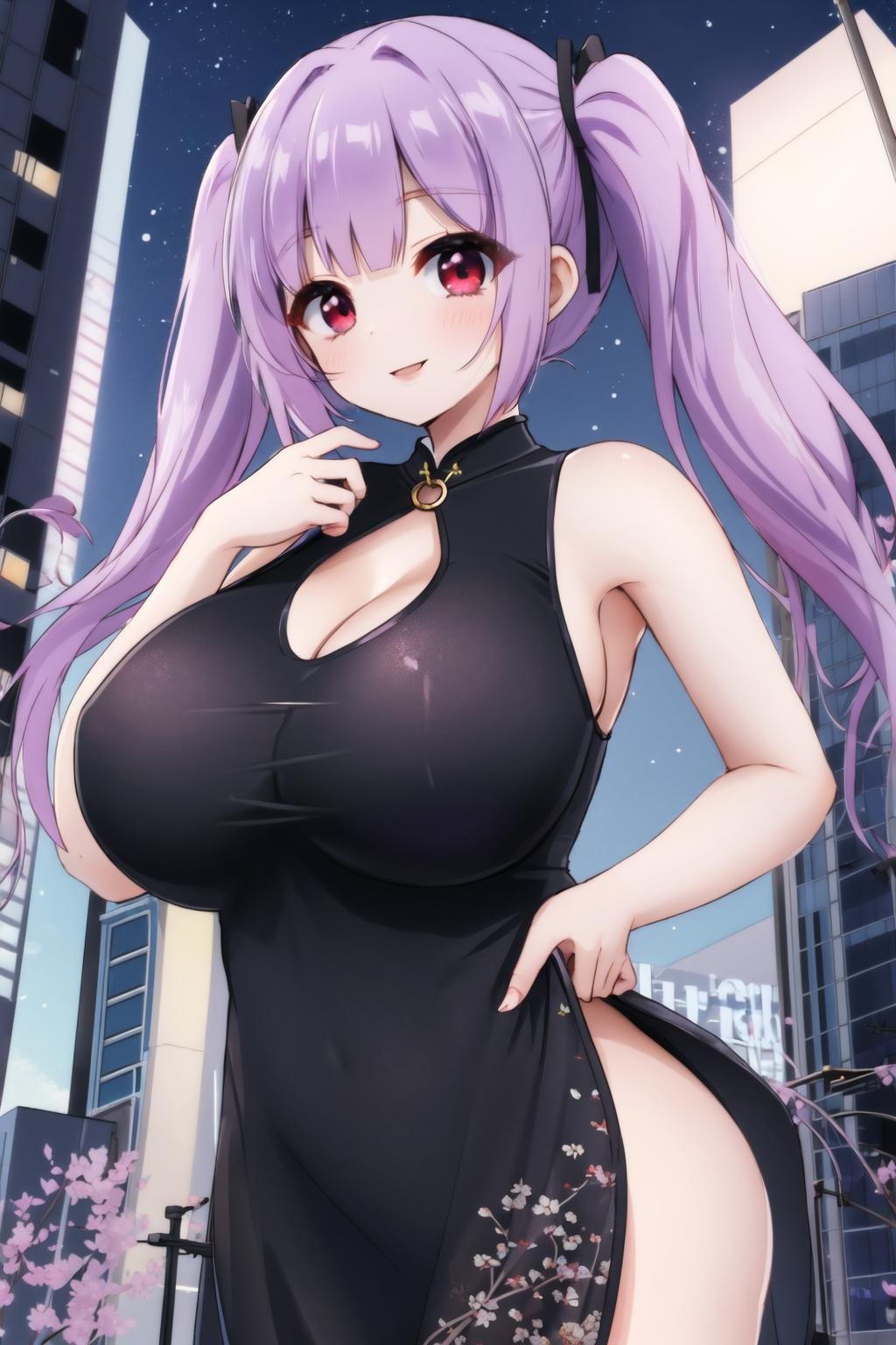 <lora:nightchen:0.6>, (nightgown cheongsam), looking at viewer, lips, smile, gigantic breasts, <lora:Moralgear2:0.6>, purple hair, red eyes, twintails, city, night, outdoors, long hair