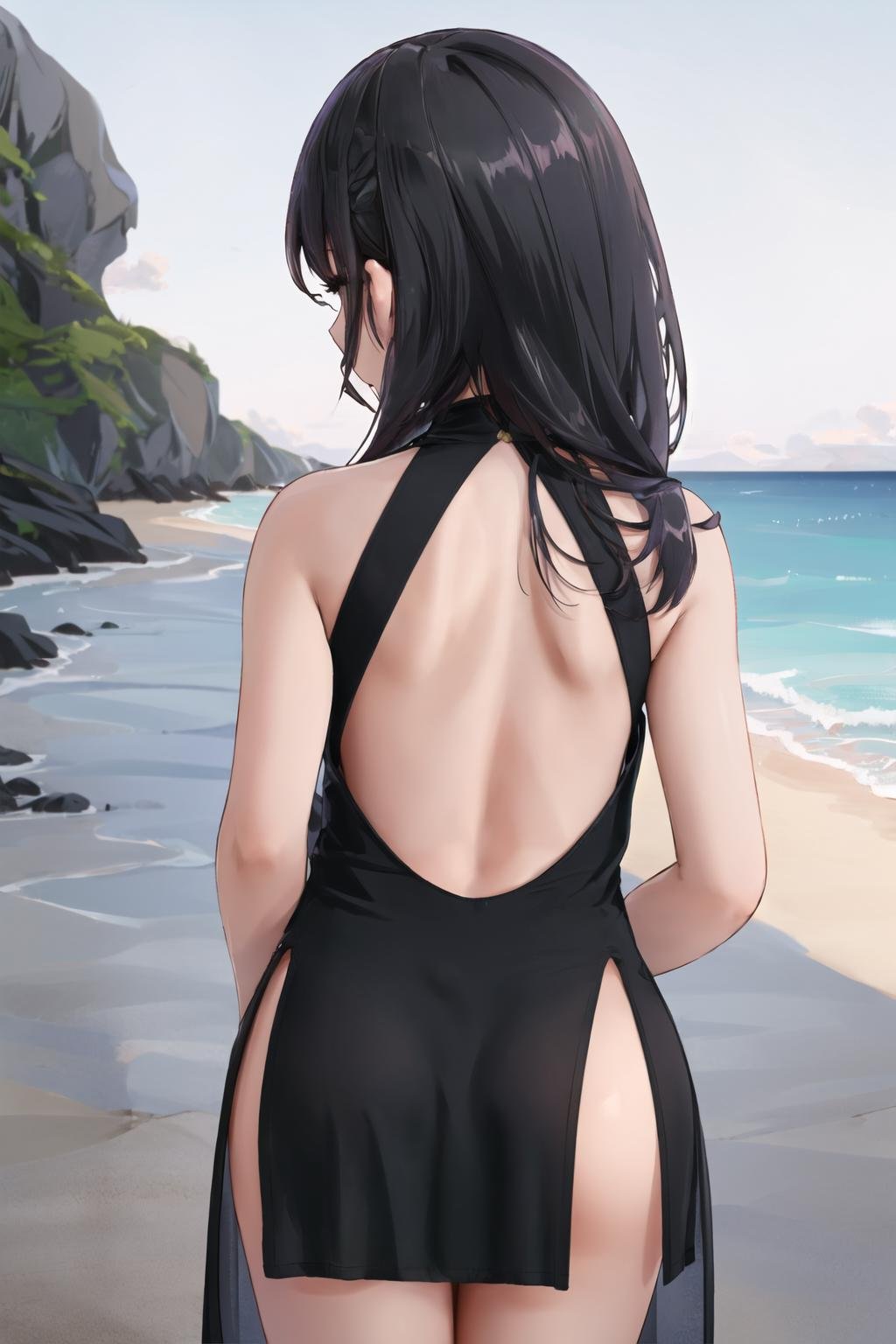 <lora:nightchen:0.6>, (nightgown cheongsam), dark skinned female, beach, from behind, ass, facing away, hair over shoulder