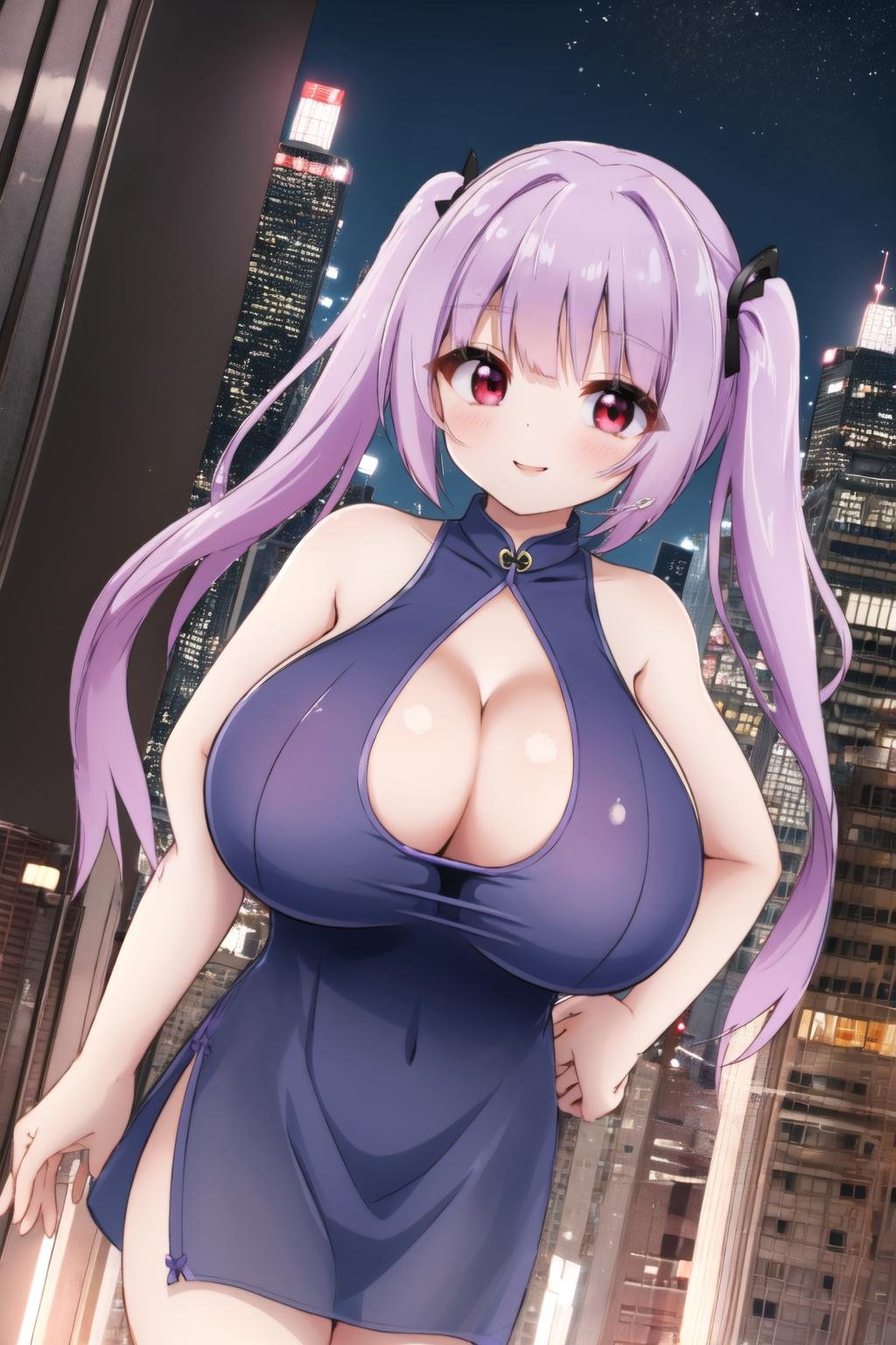 <lora:nightchen:0.6>, (nightgown cheongsam), looking at viewer, lips, smile, gigantic breasts, <lora:Moralgear2:0.6>, purple hair, red eyes, twintails, city, night, outdoors, long hair