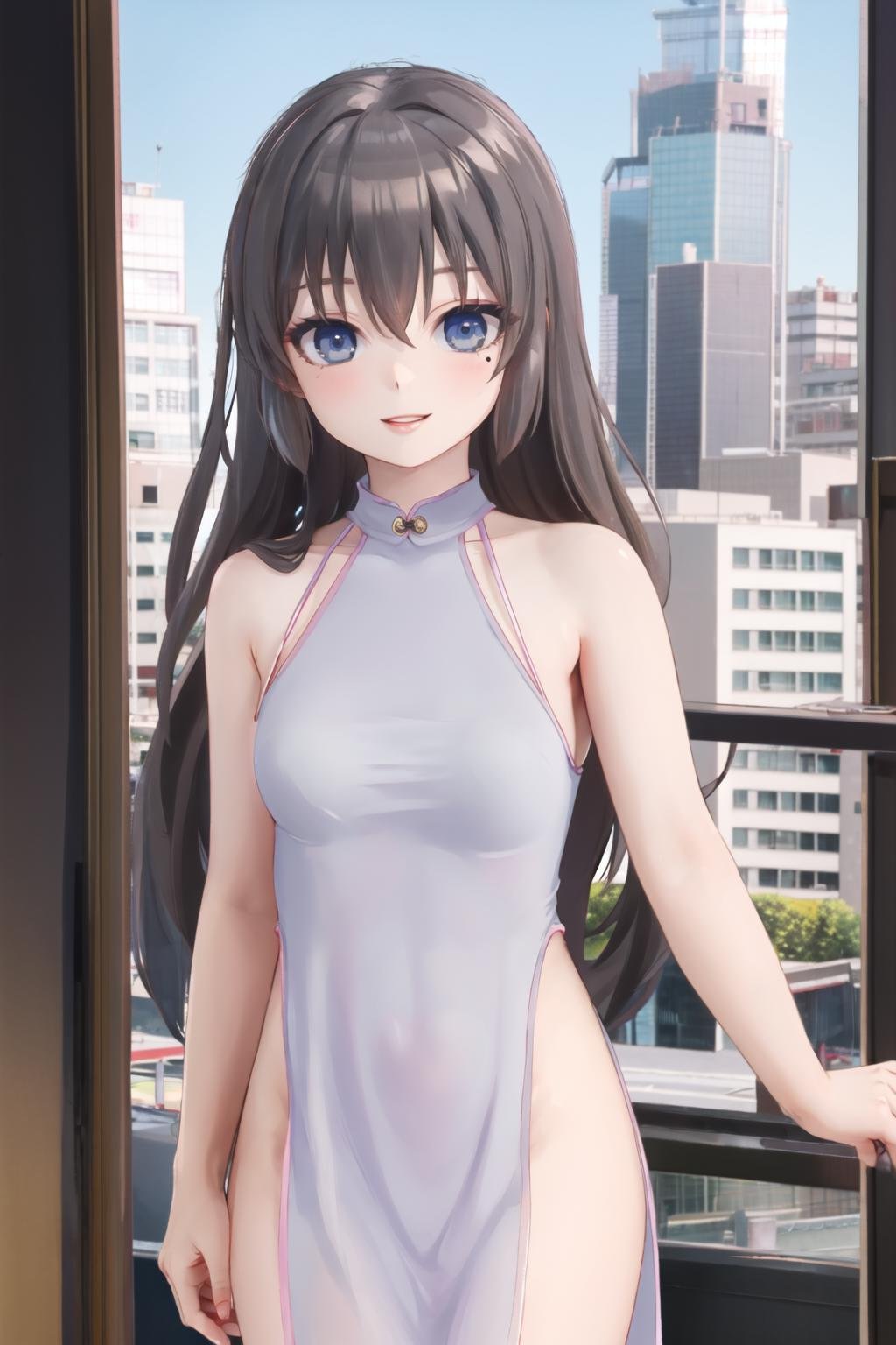 <lora:nightchen:0.6>, (nightgown cheongsam), <lora:OotoriiAsuka:0.6>, ootorii asuka, mole under eye, city, smile, lips, looking at viewer