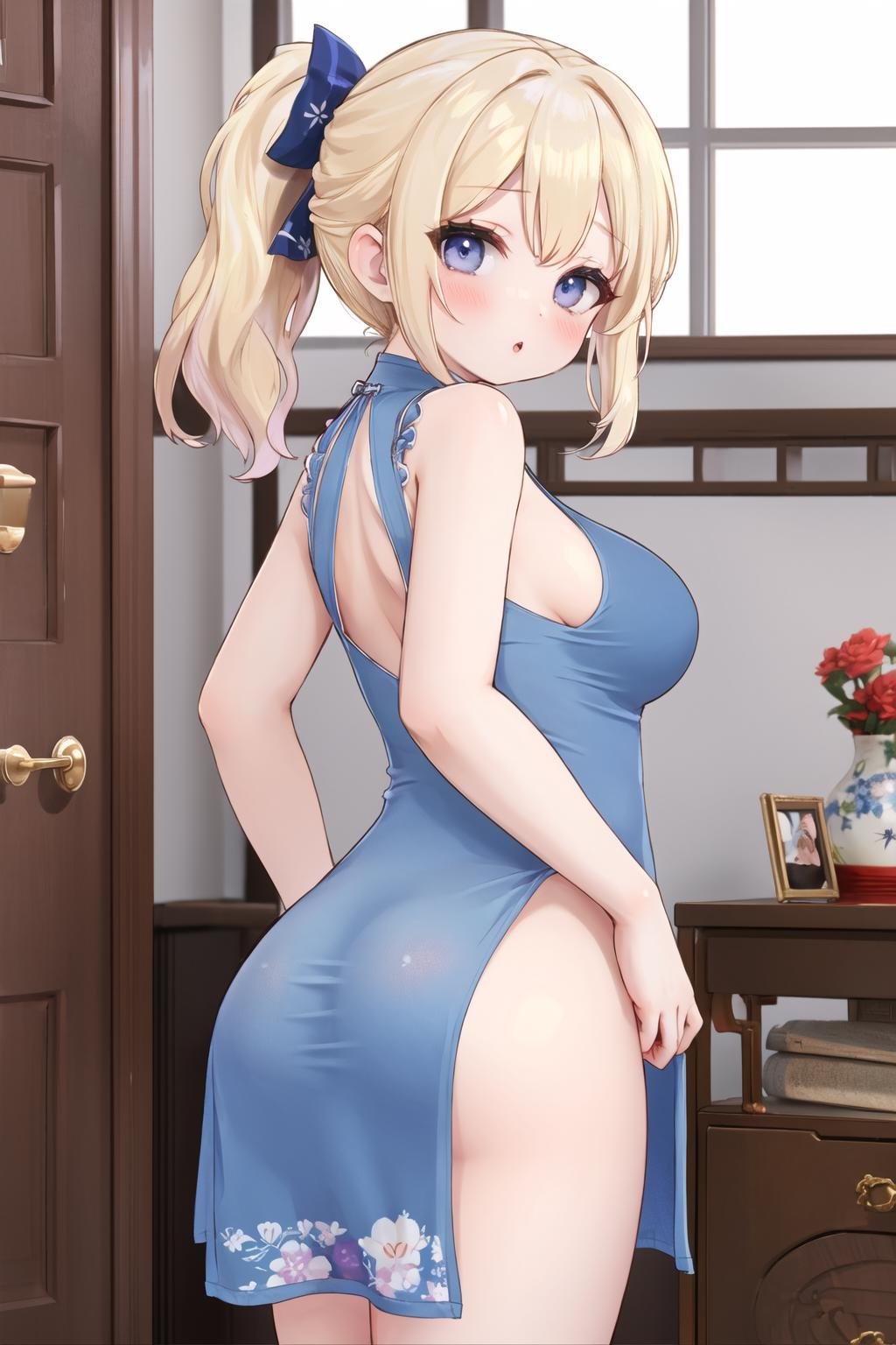 <lora:nightchen:0.6>, (nightgown cheongsam), blonde hair, gigantic breasts, from side, indoors, looking at viewer, blush, ponytail, lips, :o, ass