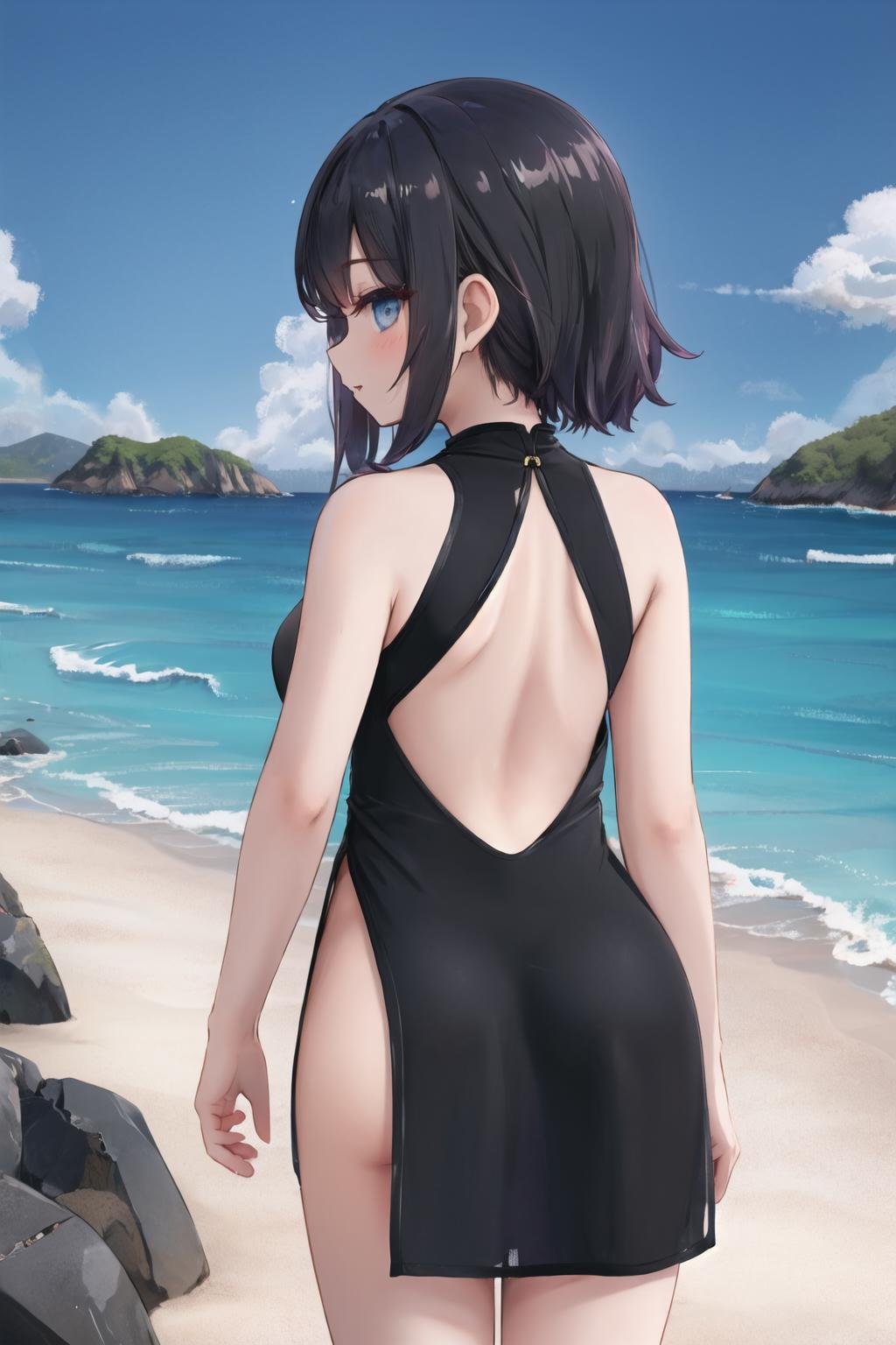 <lora:nightchen:0.6>, (nightgown cheongsam), dark skinned female, beach, from behind, ass, facing away, hair over shoulder