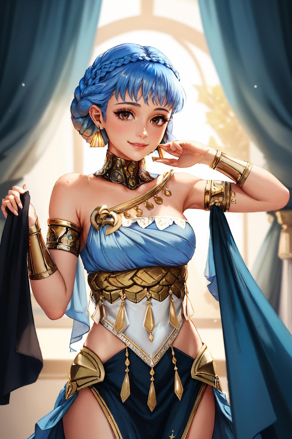 (masterpiece, best quality:1.2), solo, 1girl, marianneserene, smile, looking at viewer, crown braid, dancer, blue dress, pelvic curtain, earrings, armlet, shawl, bare shoulders <lora:fireemblem_marianne_v2:1>