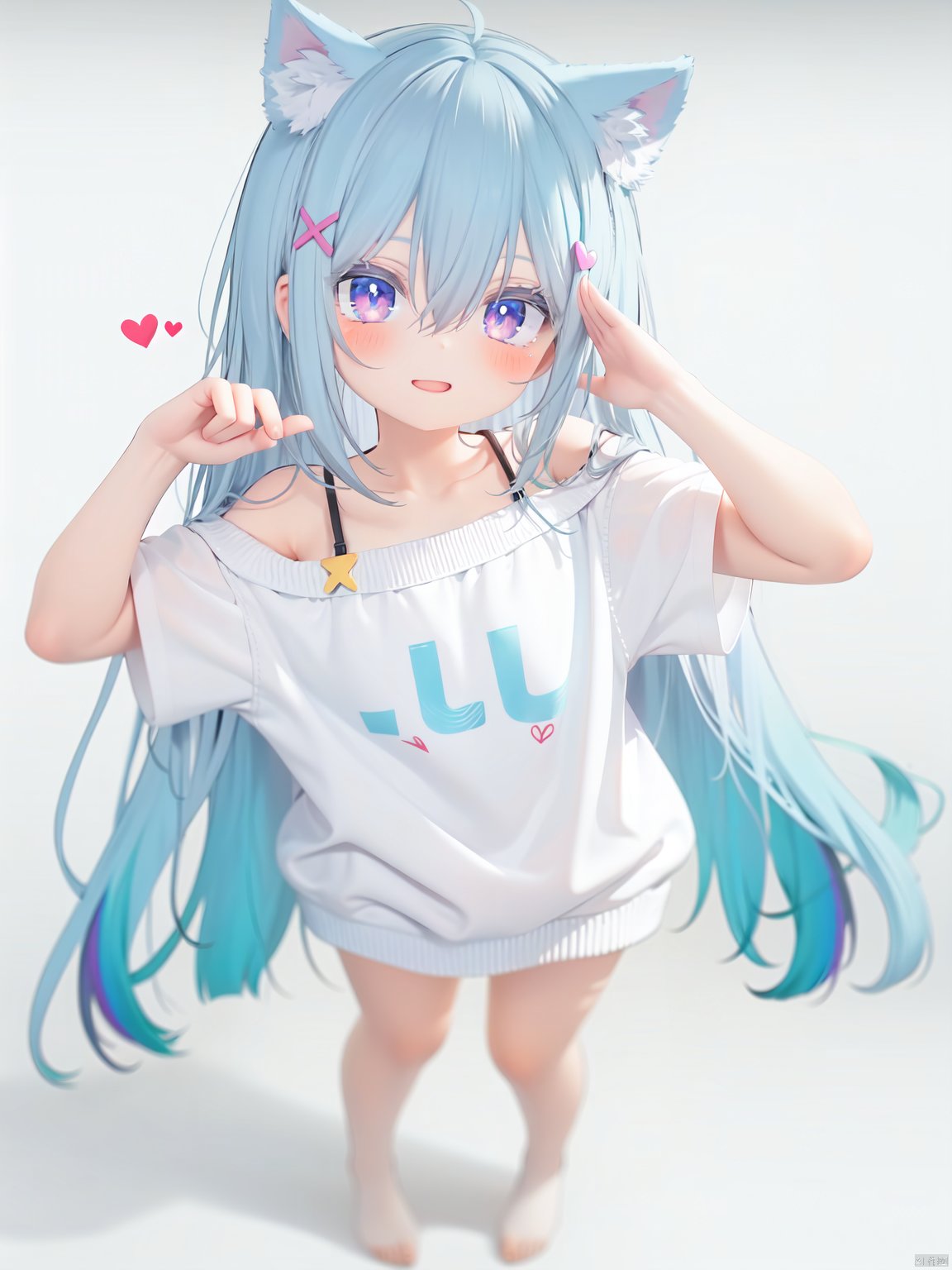  petite, loli, solo, animal ears, heart, puffy short sleeves, blue hair, long hair, off shoulder, bangs, hair ornament, gradient background,rainbow gradient, x hair ornament, animal ear fluff, looking at viewer, very long hair, blush, smile, cat ears, bare shoulders, collarbone, hand up, gradient sweater, hair between eyes, symbol-shaped pupils, arm up, heart-shaped pupils, hairclip, medium breasts, salute, bare legs,full body