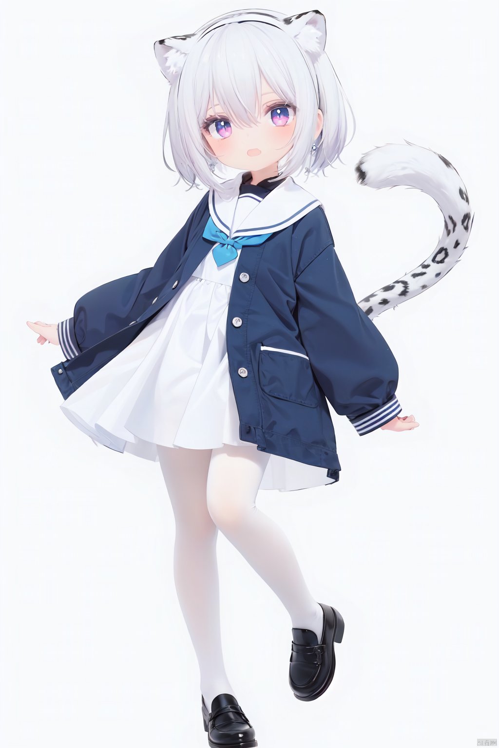  cute,solo blue shirt,blue sailor coat,loli,full body,white hair,snow leopard ear,white background,pink eyes,laugh,happy,white pantihose,white pantyhose,red armband,