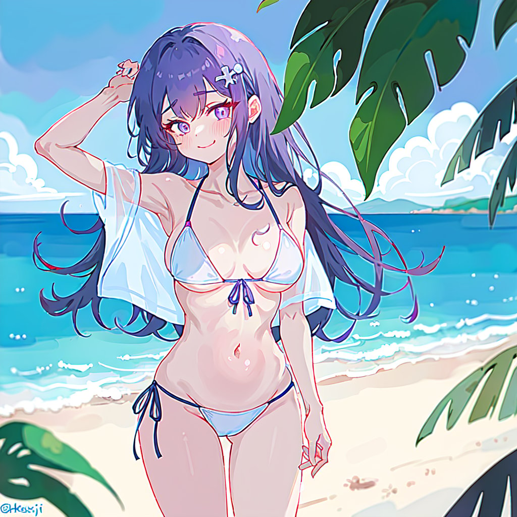 1girl, absurdres, bare_arms, bare_shoulders, bikini, blue_sky, blush, breasts, cellphone, closed_mouth, cloud, commentary, day, fingernails, front-tie_bikini_top, front-tie_top, hair_ornament, hands_up, highres, holding, holding_phone, horizon, hoshino_ai_(oshi_no_ko), keity_tan, long_hair, looking_at_viewer, medium_breasts, nail_polish, navel, ocean, oshi_no_ko, outdoors, phone, pink_nails, purple_eyes, purple_hair, rabbit_hair_ornament, side-tie_bikini_bottom, sky, smartphone, smile, solo, star-shaped_pupils, star_(symbol), stomach, sunlight, swimsuit, symbol-shaped_pupils, white_bikini