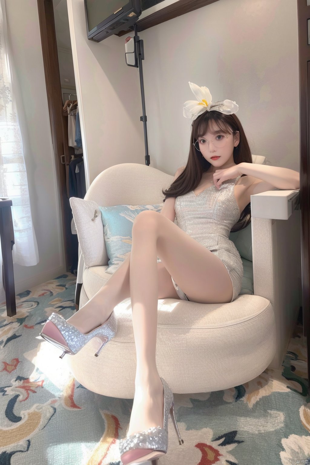  (lolanse:1.3), 1girl named xtt, 1girl, solo, dress, sitting, white dress, pantyhose, long hair, white footwear, brown hair, shoes, holding, full body, glasses, box, hair ornament, high heels, black hair, flower, bow, lolita fashion, hair flower, indoors, good limbs, good anatomy, good proportions, shapely body,