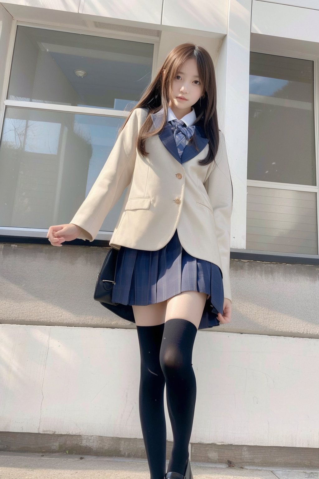  1girl,(1girl named aki:1.1), school uniform, thighhighs, solo, standing, 