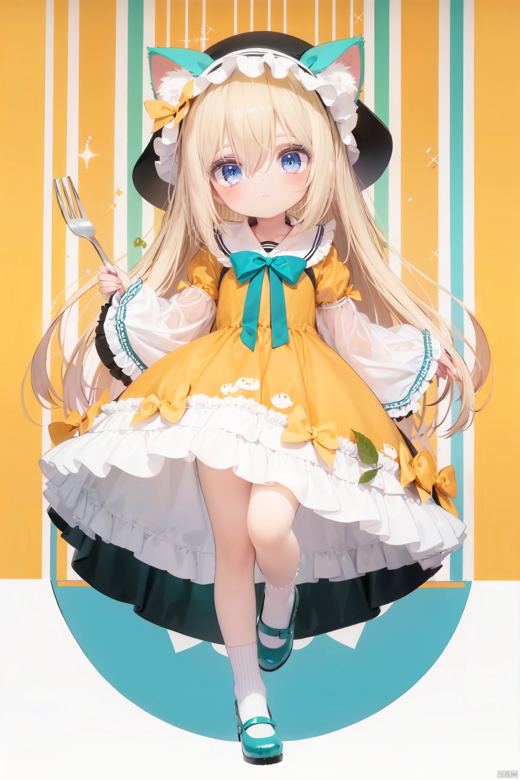  (cinematic lighting), dreamy atmosphere, Ray tracing, (((solo))), (loli:1.5), (child:1.5), (petite:1.5), green eyes, (animal ears), dress, solo, food, blonde hair, open mouth, long hair, pancake, flower, holding, bow, smile, fork, bird, socks, looking at viewer, shoes, striped background, holding fork, bonnet, striped, frills, long sleeves, :d, yellow dress, bangs, eyebrows visible through hair, blush, green nails, hair bow, nail polish, diagonal stripes, chick, sparkle, frilled dress, orange bow, fruit, full body, :3, hair between eyes, green bow, puffy sleeves, heart, lemon, orange footwear, animal ear fluff, white bow, cat ears, bobby socks, orange headwear, see-through sleeves, blue background, striped bow, hair ornament, white legwear, mary janes