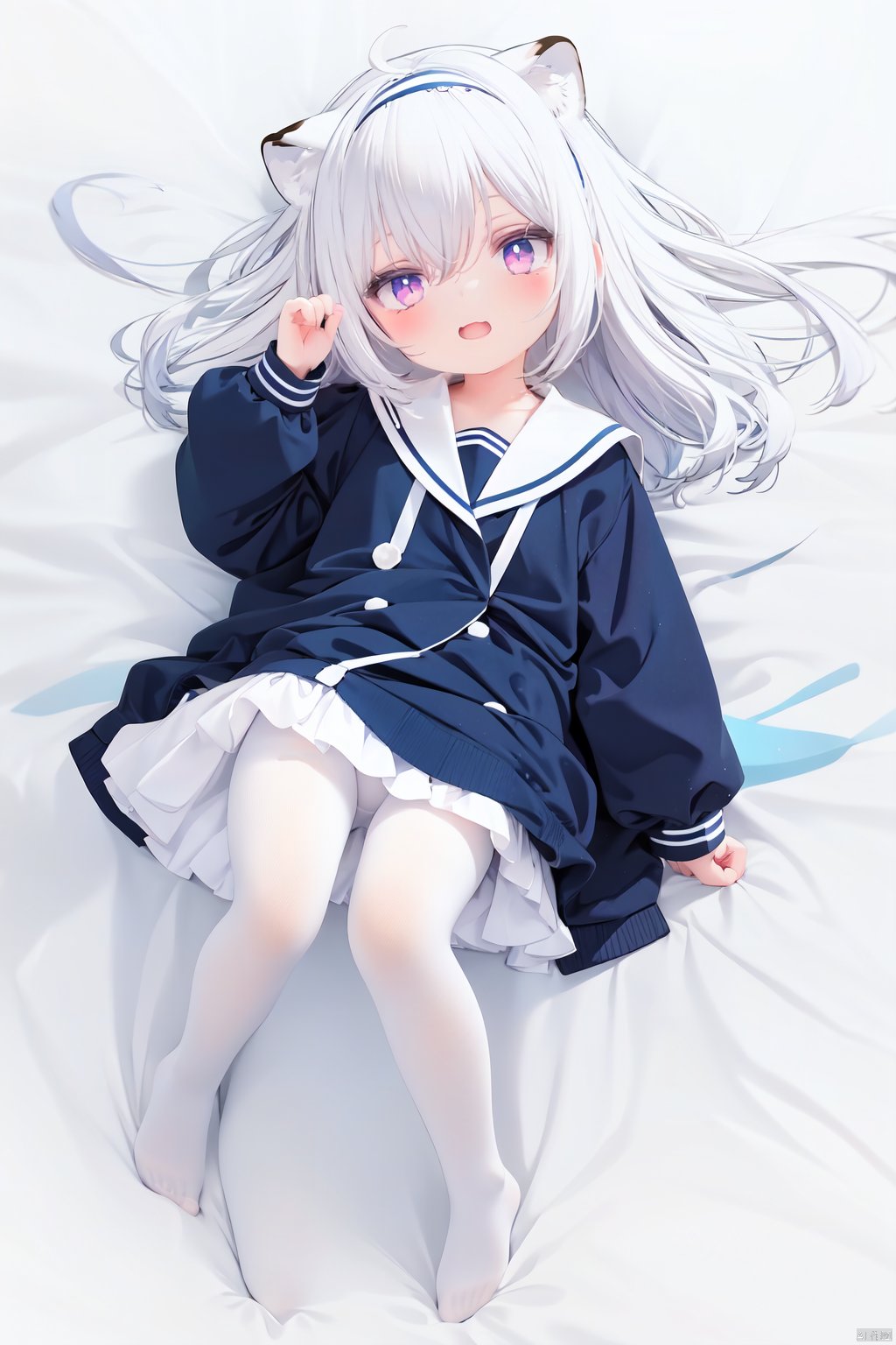  cute,Infant,solo blue shirt,blue sailor coat,loli,full body,white hair,snow leopard ear,white background,pink eyes,laugh,happy,white pantihose,white pantyhose,red armband,