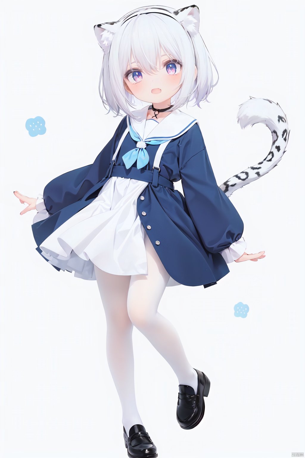  cute,solo blue shirt,blue sailor coat,loli,full body,white hair,snow leopard ear,white background,pink eyes,laugh,happy,white pantihose,white pantyhose,red armband,