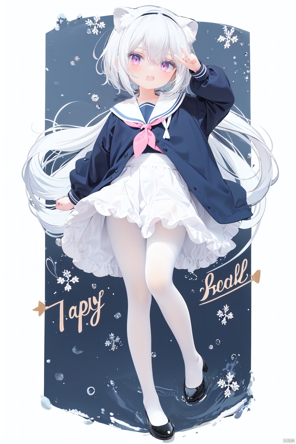  cute,Infant,solo blue shirt,blue sailor coat,loli,full body,white hair,snow leopard ear,white background,pink eyes,laugh,happy,white pantihose,white pantyhose,red armband,