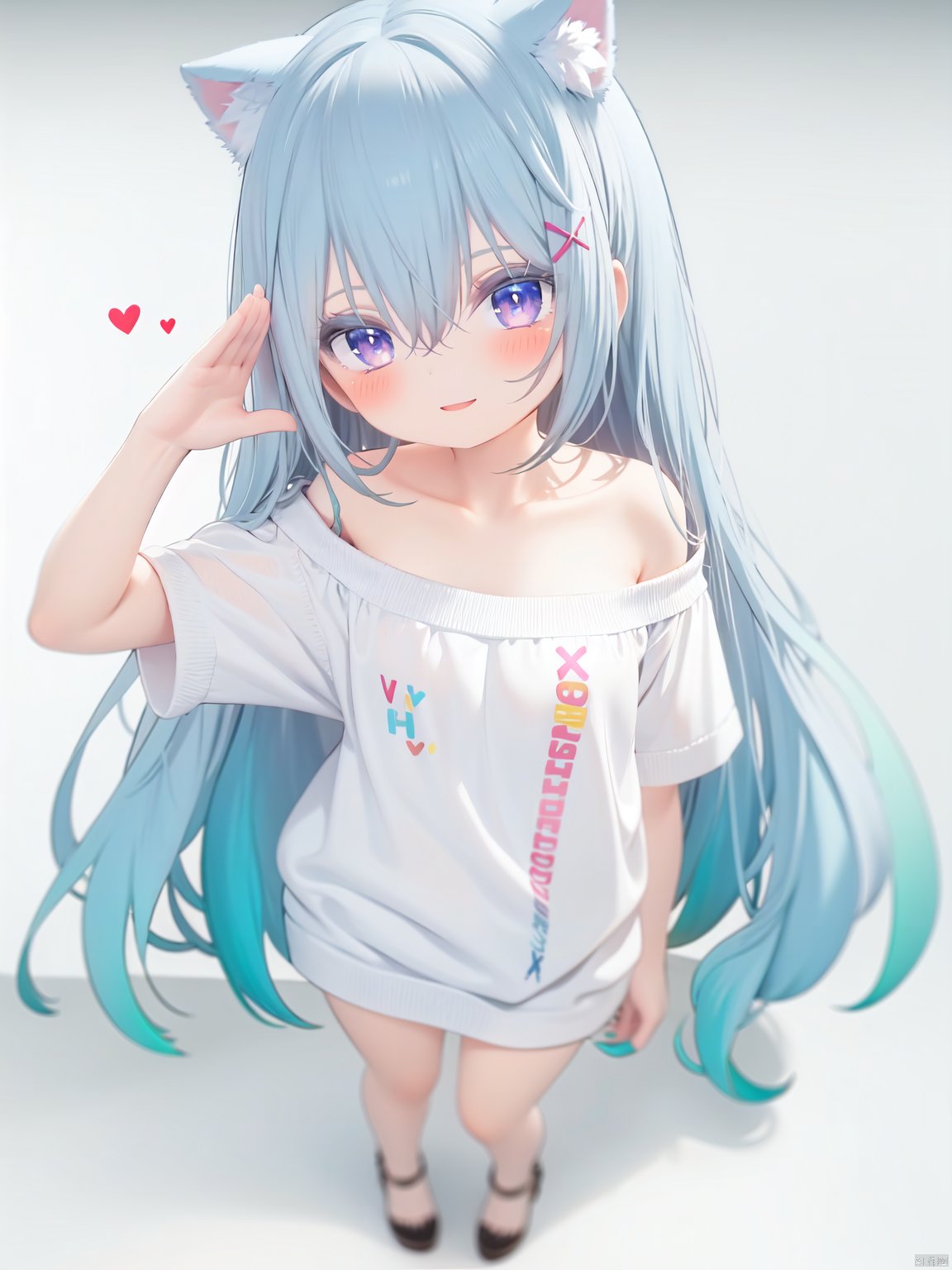  petite, loli, solo, animal ears, heart, puffy short sleeves, blue hair, long hair, off shoulder, bangs, hair ornament, gradient background,rainbow gradient, x hair ornament, animal ear fluff, looking at viewer, very long hair, blush, smile, cat ears, bare shoulders, collarbone, hand up, gradient sweater, hair between eyes, symbol-shaped pupils, arm up, heart-shaped pupils, hairclip, medium breasts, salute, bare legs,full body