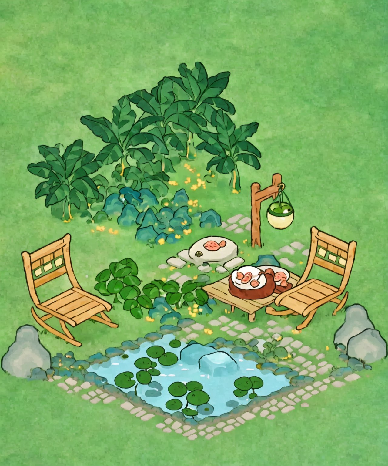 (best quality), (masterpiece), SAI Pixel Art,taoyuan, artist_name, chair, day, grass, green_background, green_theme, leaf, lily_pad, nature, no_humans, outdoors, plant, potted_plant, scenery, table, tree, tree_stump, flower, food, water, fruit, rock, bush, watermelon, moss, no text, no watermark<lora:taoyuan-000020:0.8> 