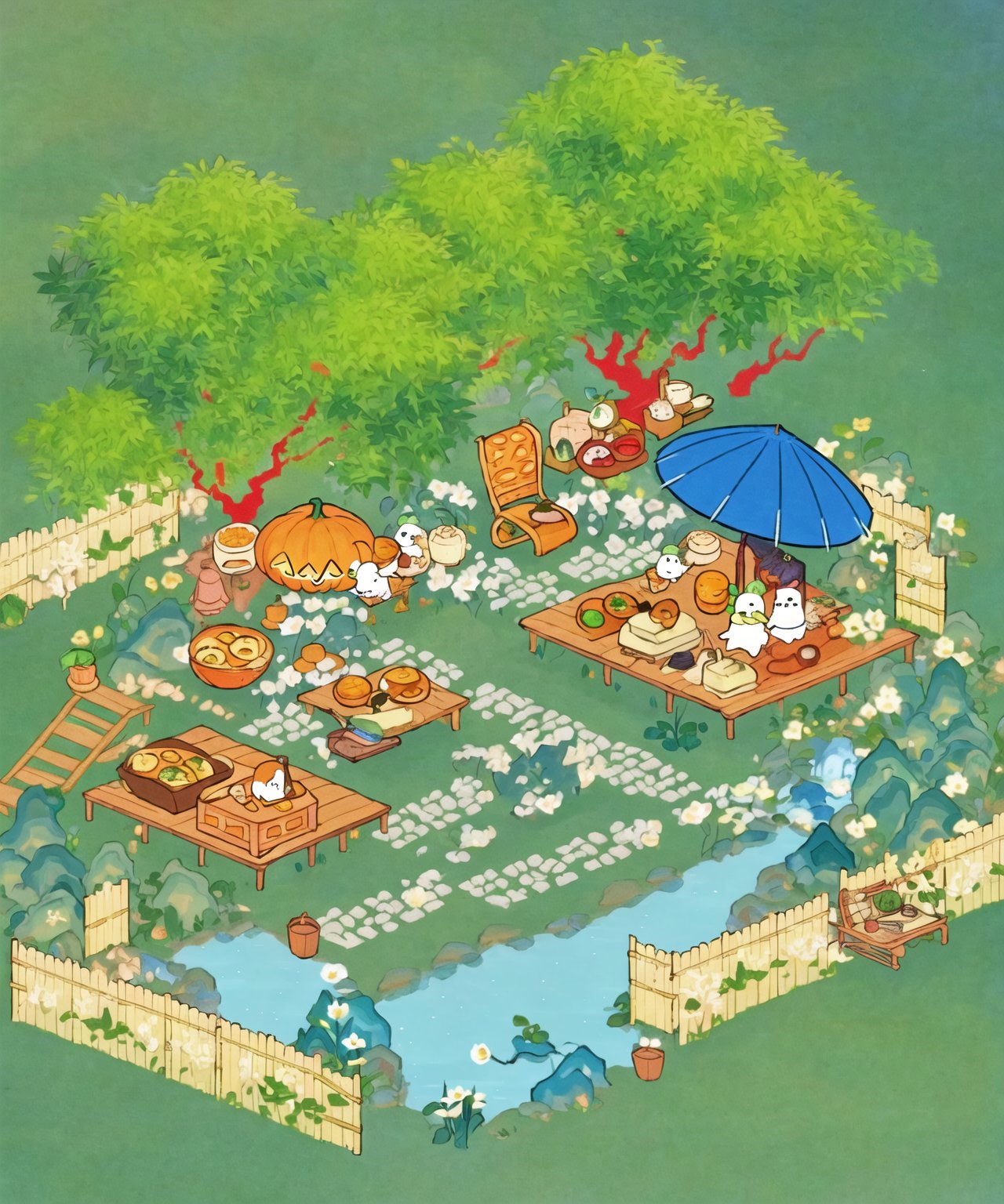 (best quality), (masterpiece), SAI Pixel Art,taoyuan,baguette, bear, bird, boat, bread, bridge, building, bush, caustics, chair, chalkboard, chick, daisy, day, dress, field, flower, food, fruit, grass, green_theme, house, leaf_umbrella, nature, no_humans, ocean, outdoors, picnic, pixel_art, plant, pokemon_\(creature\), pumpkin, river, rock, sitting, starry_sky, taoyuan, tree, umbrella, water, watering_can<lora:taoyuan-000020:0.8>