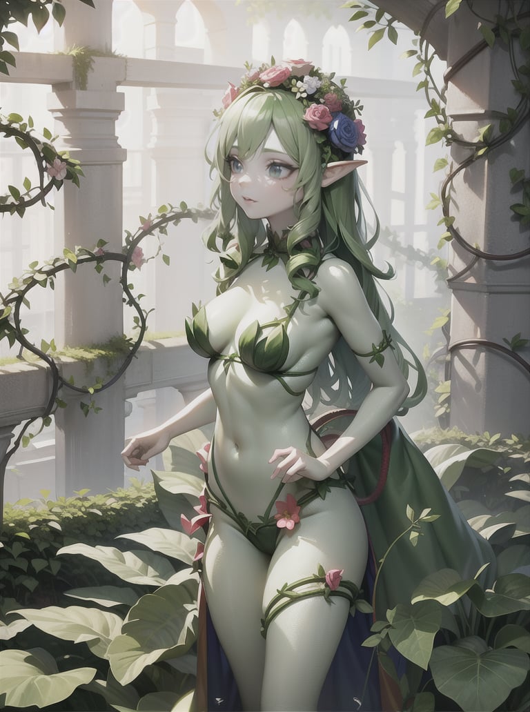 8k, solo beautiful (dryad) woman, <lora:dryad-1.0:0.8>,plant girl, leaves, flowers, vines,(Long Hair),(Enclosure),wide shot,confident stance,:/