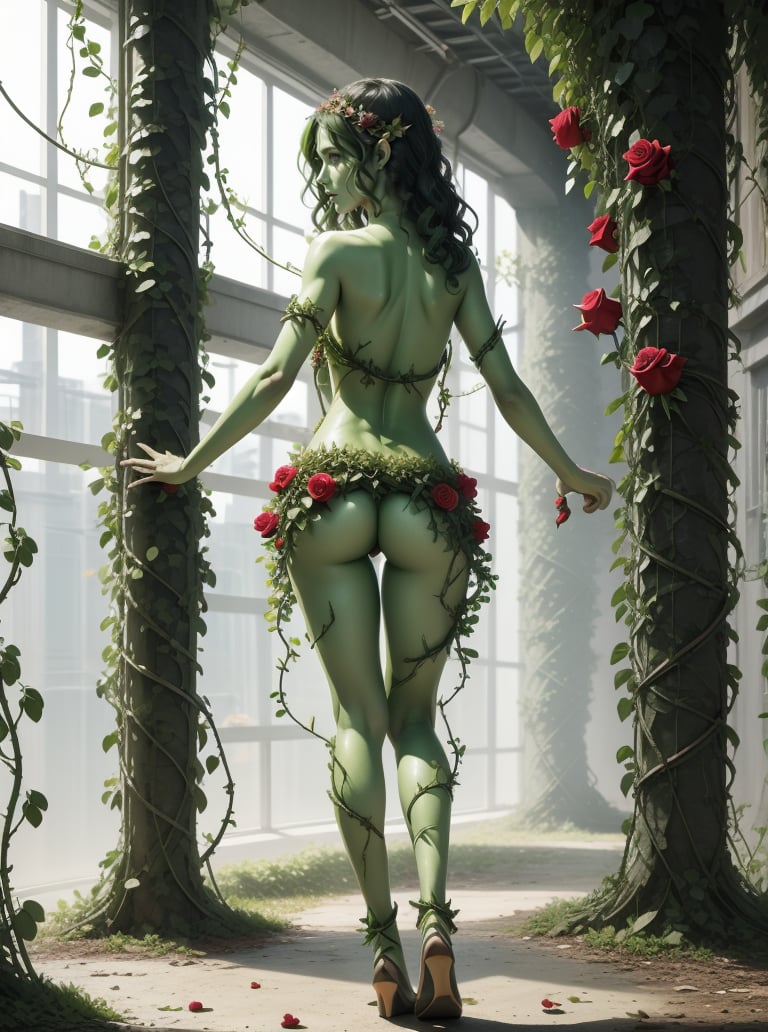 fantasy style 8k, solo beautiful (dryad) woman, <lora:dryad-1.0:0.8>,plant girl, leaves, ((roses)), vines, green skin,(Deep Waves),(Waste management facility),from behind,stomping,ashamed