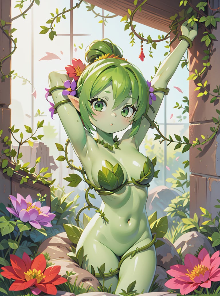 fantasy style 8k, solo beautiful (dryad) woman, <lora:dryad-1.0:0.8>,plant girl, leaves, flowers, vines, green skin,(Updo),(Canyon),tilt shot,stretching,neutral