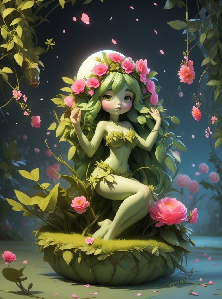 8k, solo beautiful (dryad) woman, <lora:dryad-1.0:0.8>,plant girl, leaves, flowers, vines,(Half-Up Half-Down),(Aerial Resorts),zoom shot,lifting one leg in a playful manner,frown