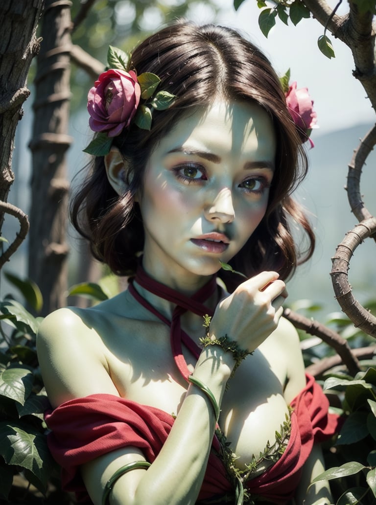 fantasy style 8k, solo beautiful (dryad) woman, <lora:dryad-1.0:0.8>,plant girl, leaves, flowers, vines, green skin,(Finger Waves),(Marina),extreme close-up,one hand on chin looking contemplative,anxious