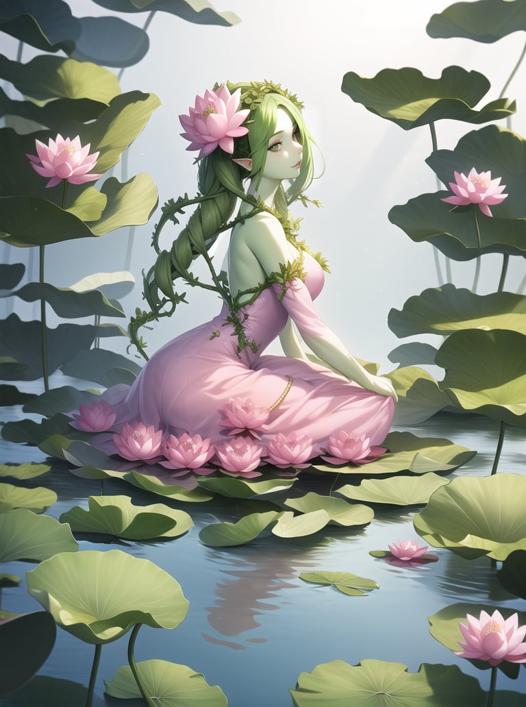 fantasy style 8k, solo beautiful (dryad) woman, <lora:dryad-1.0:0.8>, plant girl, leaves, flowers, from side, (lotus flower),(pink dress),submerged,