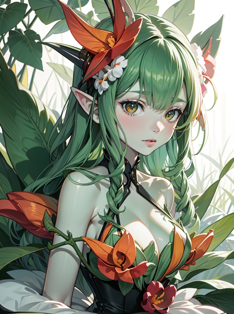 8k, solo beautiful (dryad) woman, <lora:dryad-1.0:0.8>,plant girl, leaves, ((Strelitzia)),(Straight Hair),(trench),close-up,swaggering,:d