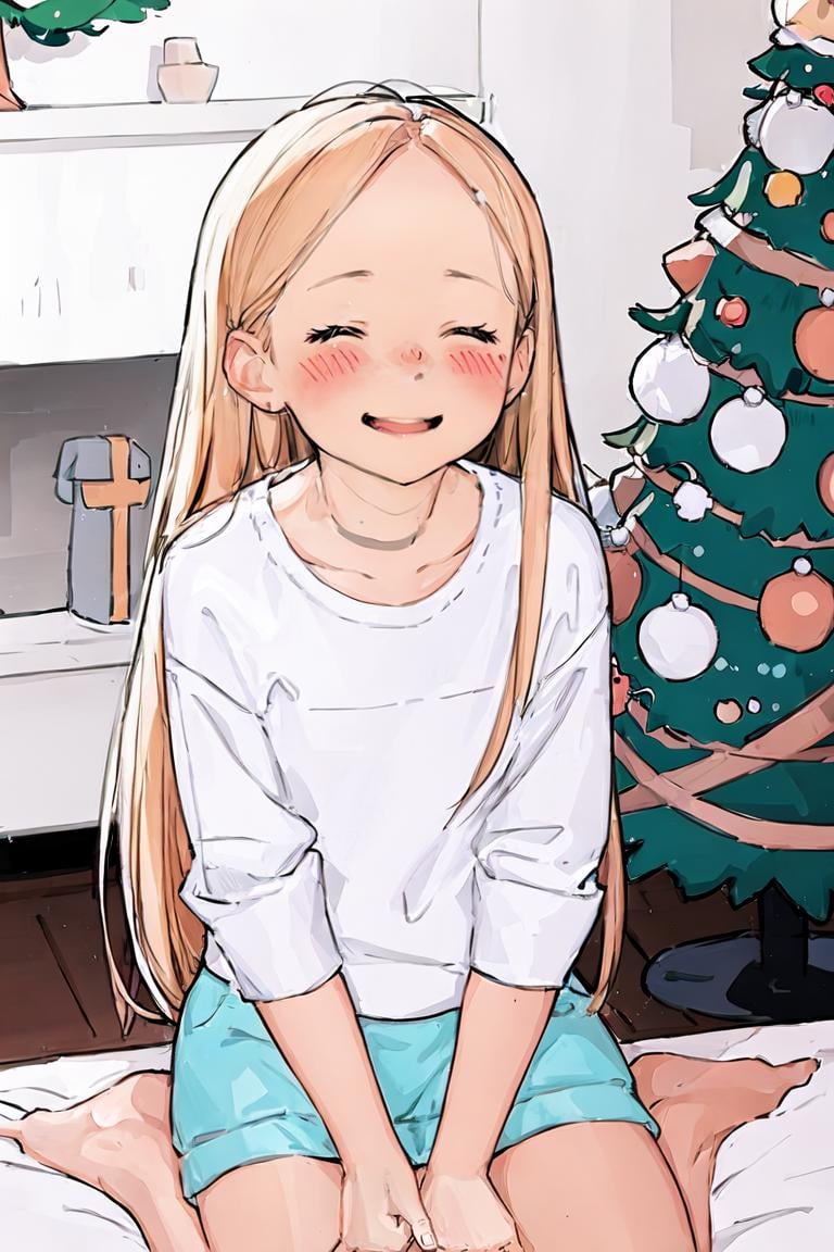 girl,blush,at home,closed eyes,smile,christmass tree,long hair,blond hair,luimi,<lora:luimi:1>