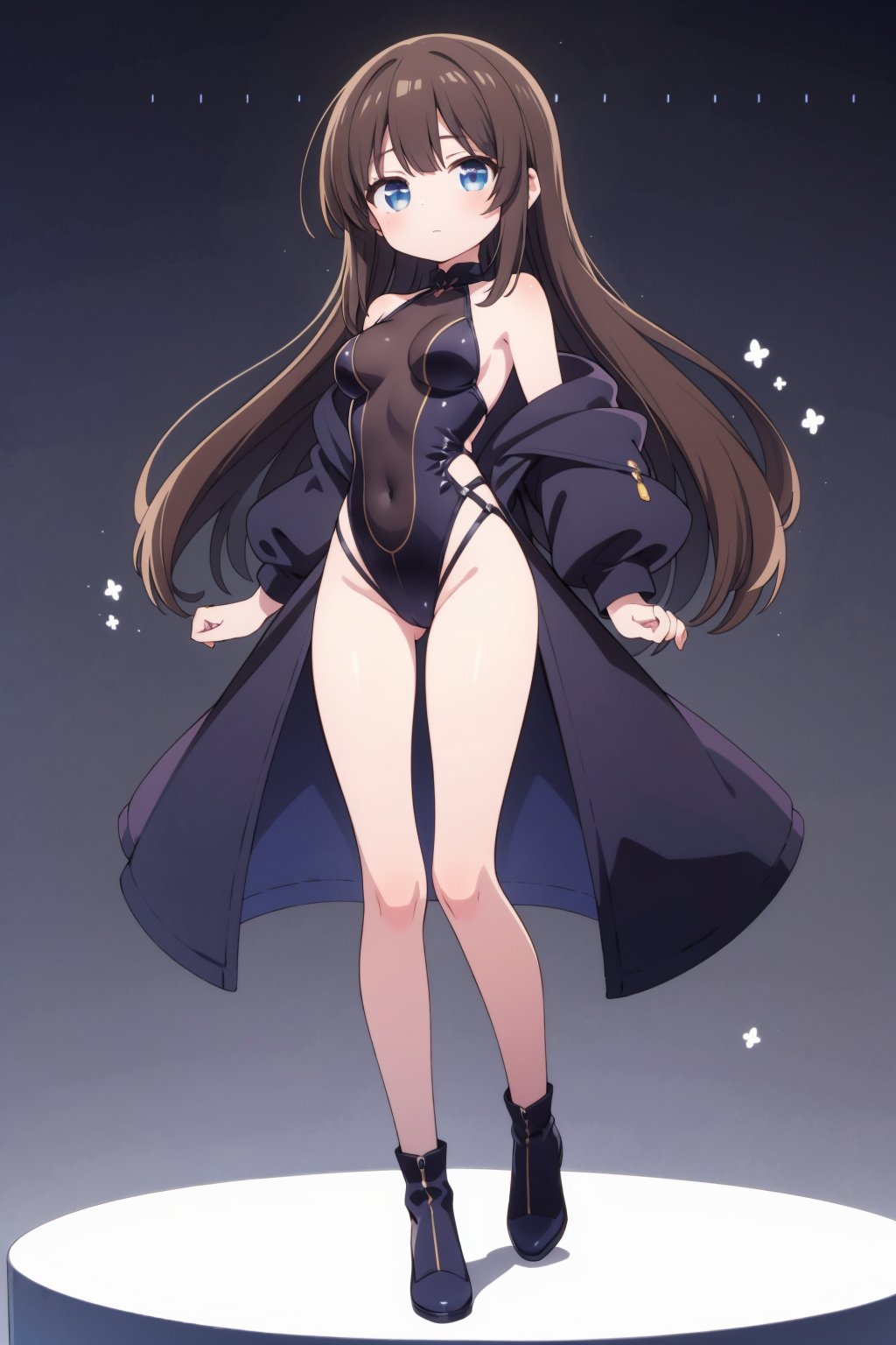 solo, adult, long hair, brown hair, blue eyes, small breasts, full_body, masterpiece, best quality, absurdres,