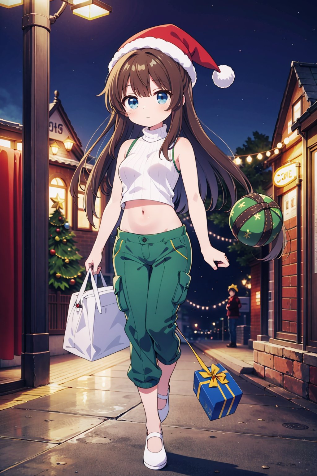 solo, adult, long hair, brown hair, blue eyes, small breasts, full_body, masterpiece, best quality, absurdres,  turtleneck, green_tank_top, no_sleeves, exposed_stomach, oversized_cargo_pants, christmas_headwear