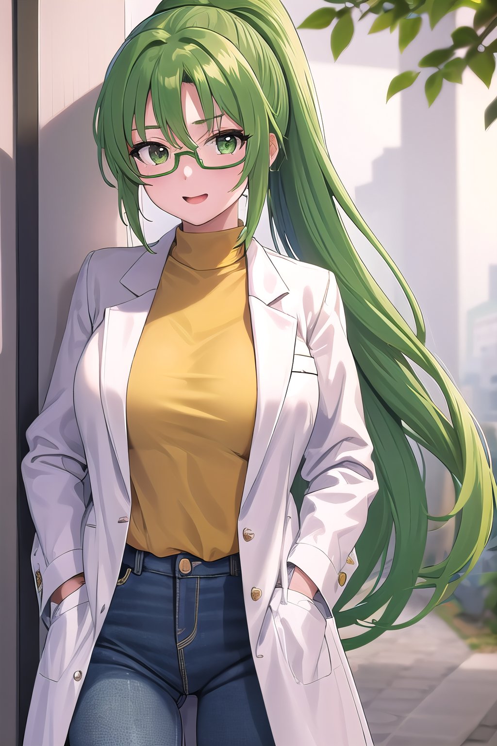 masterpiece, best quality, ultra-high-detailed, 1girl, lab coat,  hands in pockets, glasses, Mion Sonozaki, green hair, green eyes, ponytail, yellow tee, jeans