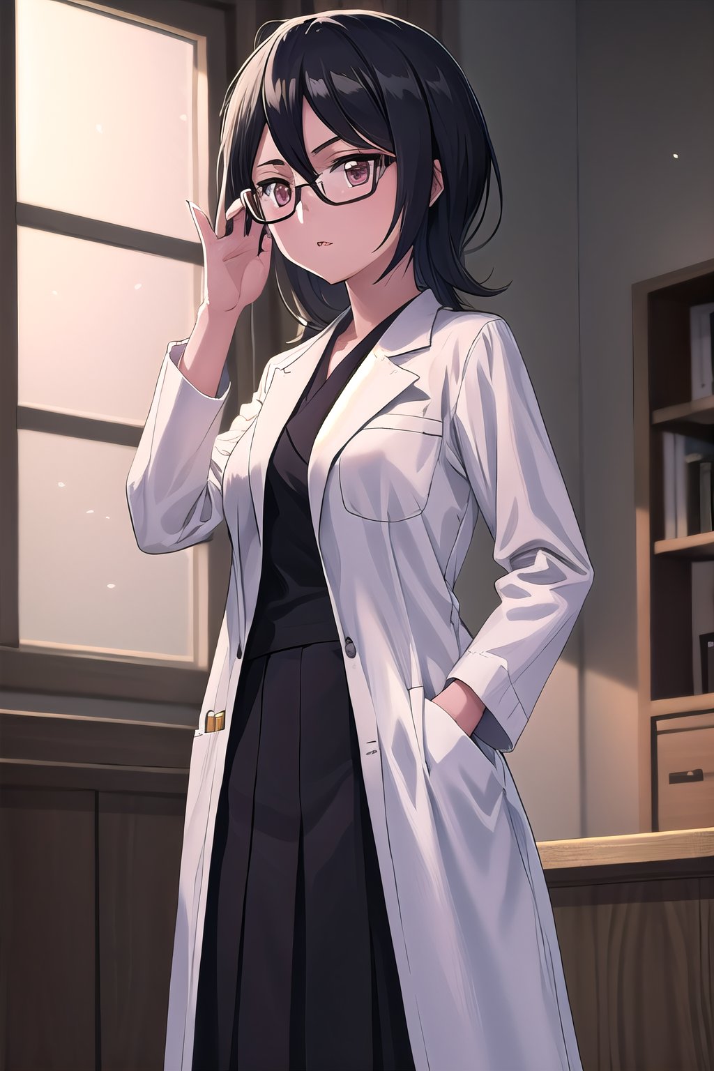 masterpiece, best quality, ultra-high-detailed, 1girl, lab coat,  hands in pockets, glasses, kuchikirukia,