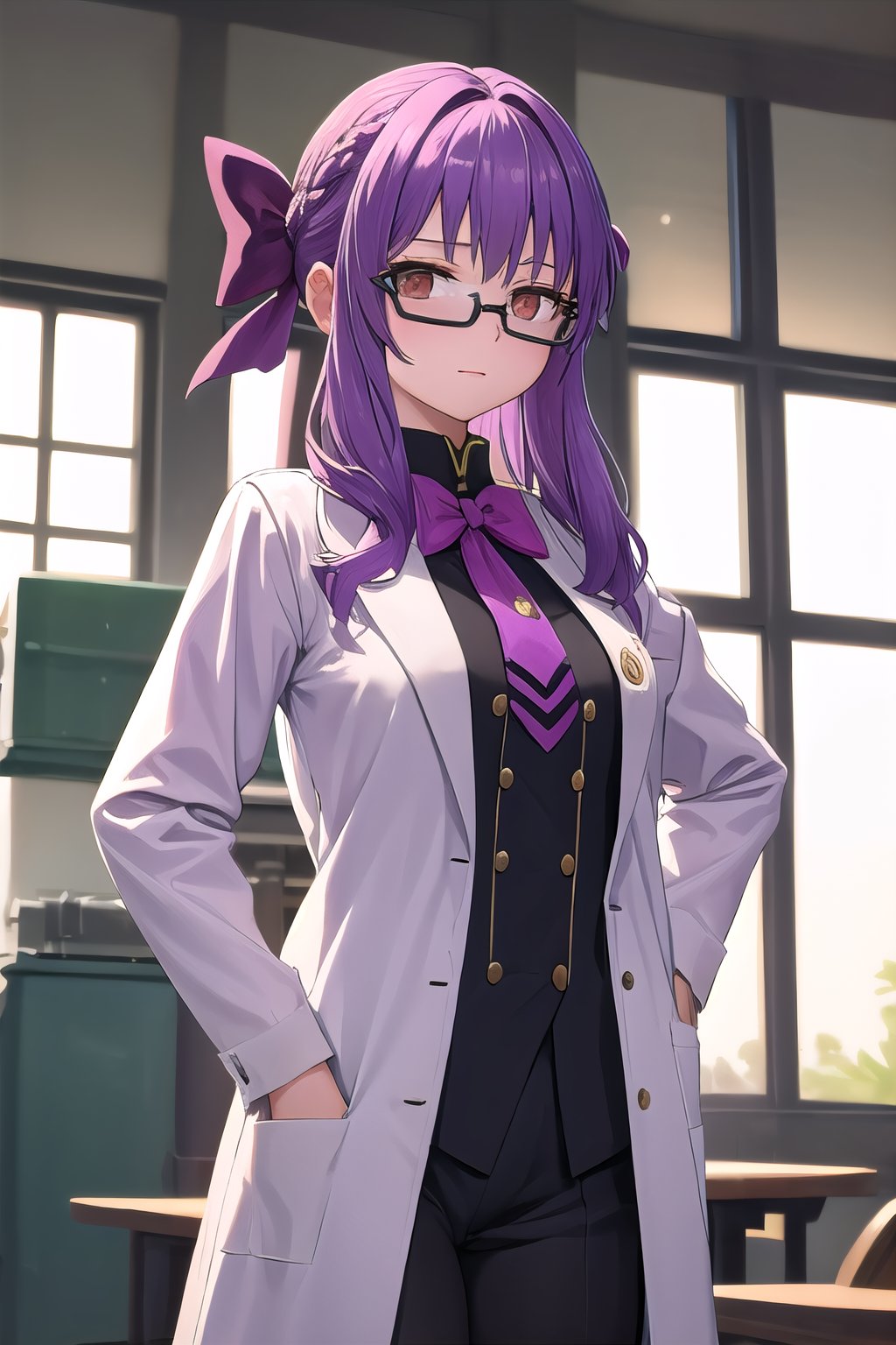 masterpiece, best quality, ultra-high-detailed, 1girl, lab coat,  hands in pockets, glasses, Shinoa Hiiragi, purple hair, braided hair, purple ribbon