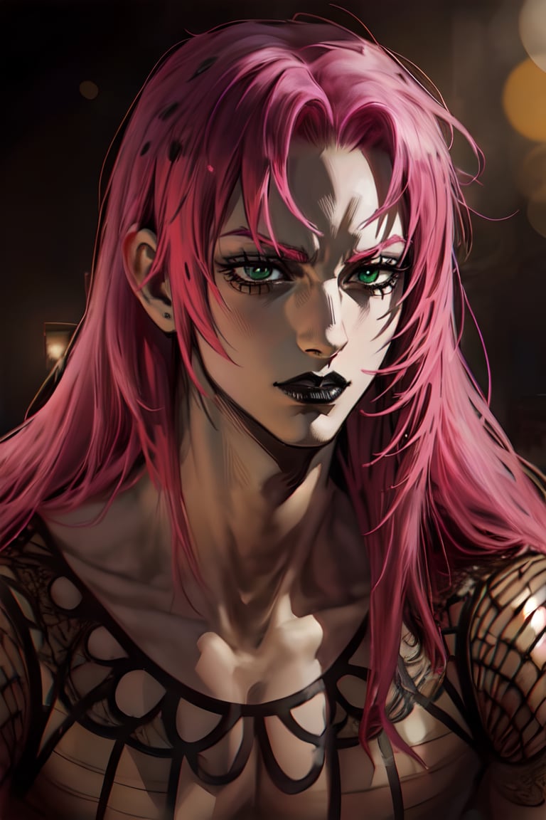 diavolo, ((solo)), 1boy, long hair, fishnets, pink hair, cathedreral, 
detailed, dramatic lighting, hq, hd, black lips, wallpaper, tattoo, green eyes, realistic, soft shading, detailed textures, realistic hair,Male focus, gold furnature, fancy, closed mouth, bokeh, portrait