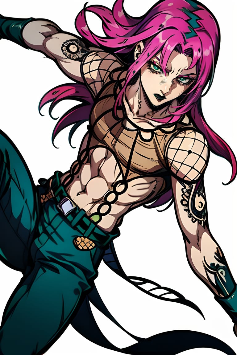 full body, diavolo, ((solo)), 1boy, long hair, fishnets, pink hair, pants, belt, wrist bands,
detailed, dramatic lighting, hq, hd, black lips, wallpaper, tattoo, green eyes, closed mouth, white background